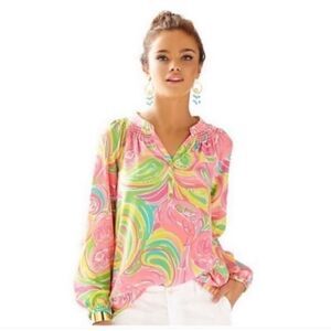Lilly Pulitzer Elsa Top Blouse XS 100% Silk Floral Flamingo Print
